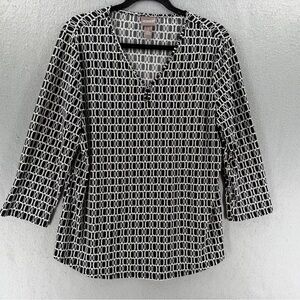 Chico's Size 2 L/12 Top Womens Black White Chain Print 3/4 Sleeve Mature Office